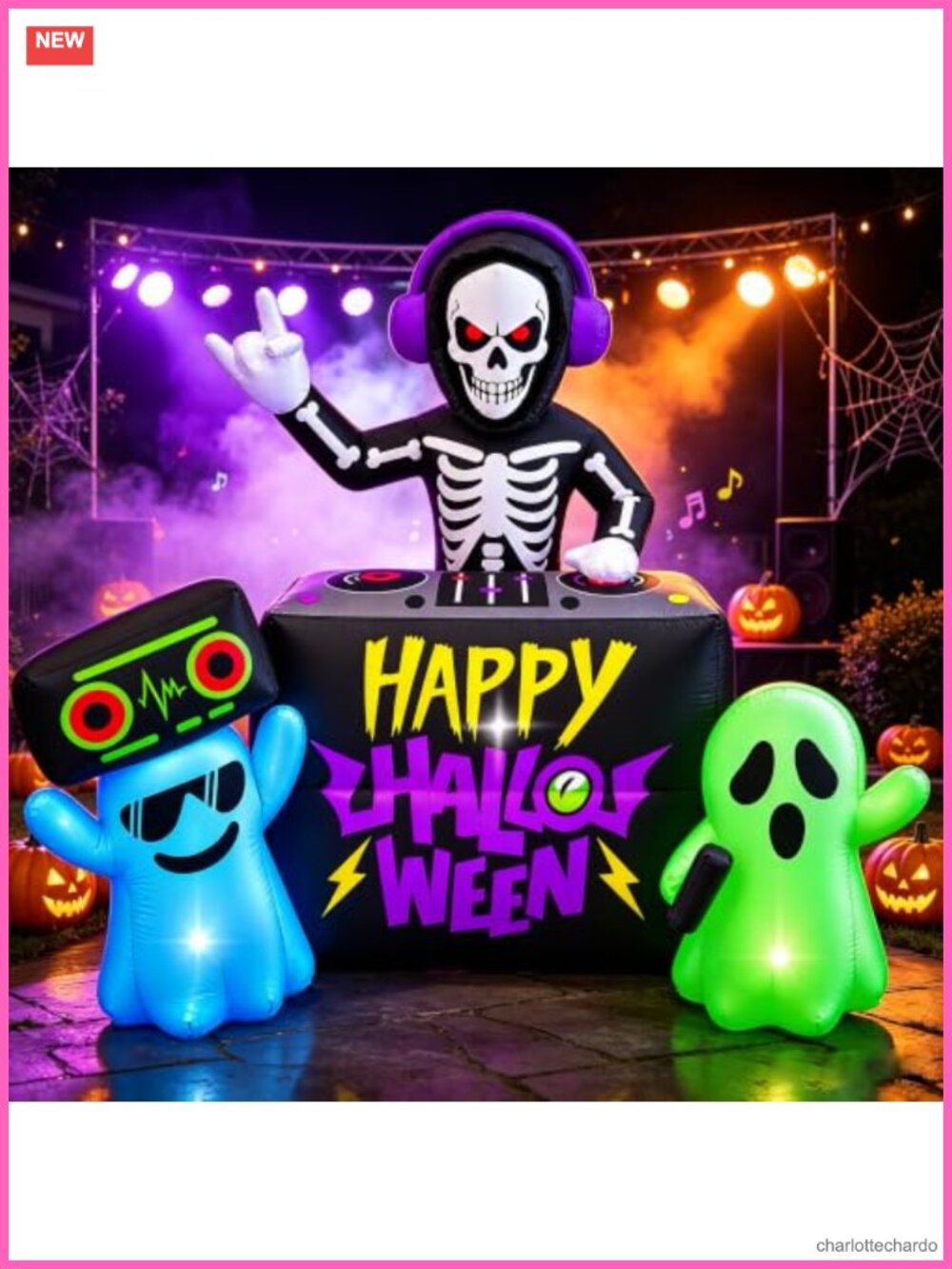 6FT Halloween Inflatable DJ Skeleton with 2 Ghosts Yard Decoration
